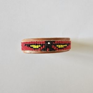 Vintage Native American Red Beaded Tan Leather Cuff Bracelet Vtg Thunder…